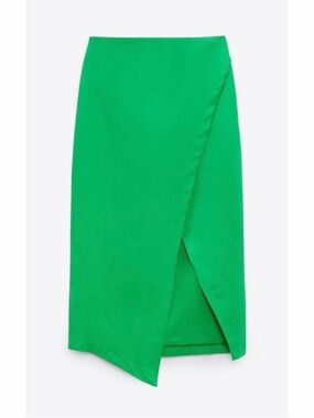 Zara Asymmetric Faux Wrap Midi Skirt Green